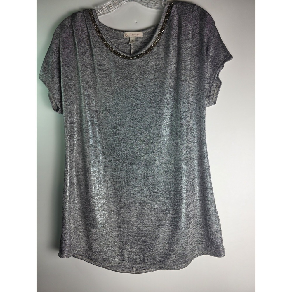 CB Established Women's Top Sz S Metallic Knit Layered Split-Back Short Sleeve
